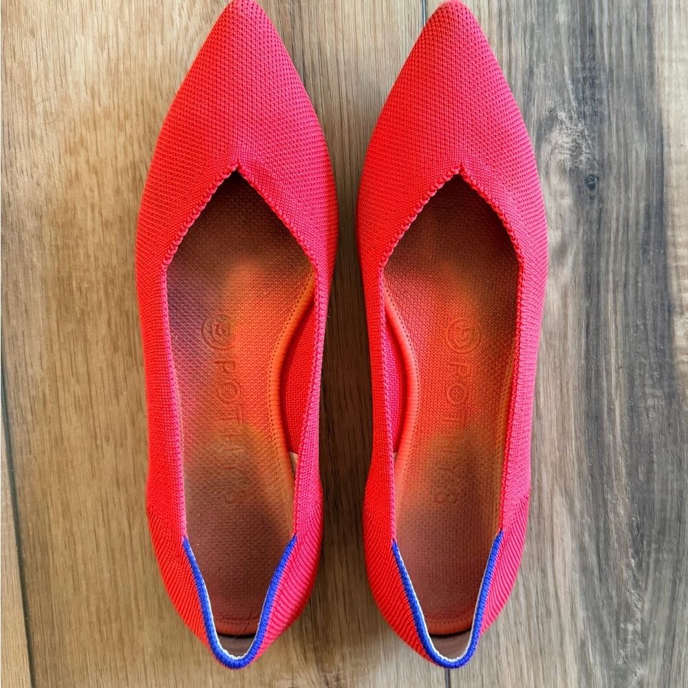 Rothy's Red Pointed Knit Flats with Blue Heel Accent